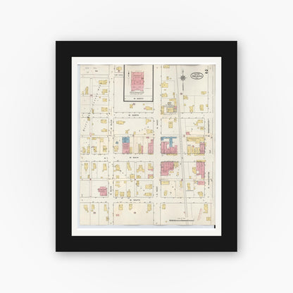Old map wall art mockup — black gallery frame with white mat — Sanborn Fire Insurance Map from Arcadia, Hamilton County, Indiana (1933), Sheet #0002