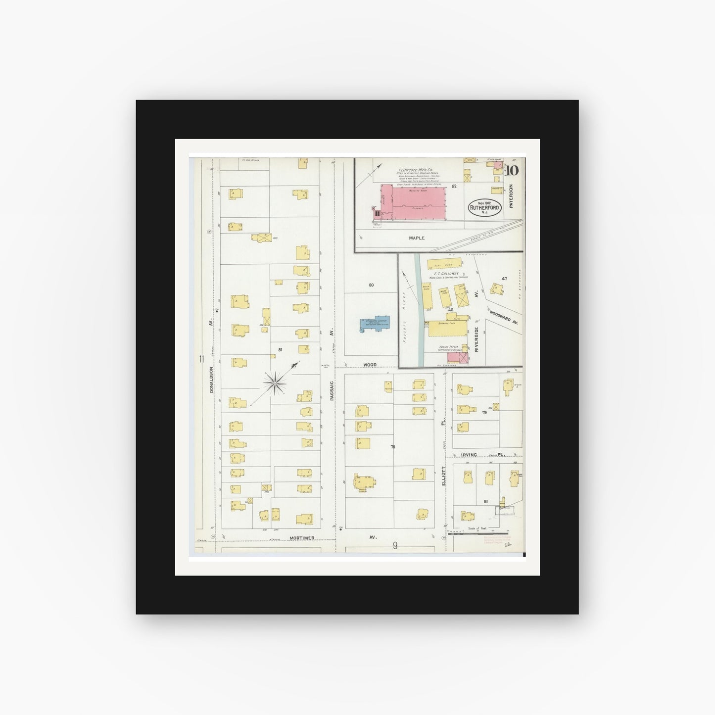Old map wall art mockup — black gallery frame with white mat — Sanborn Fire Insurance Map from Rutherford, Bergen County, New Jersey (1902), Sheet #0010