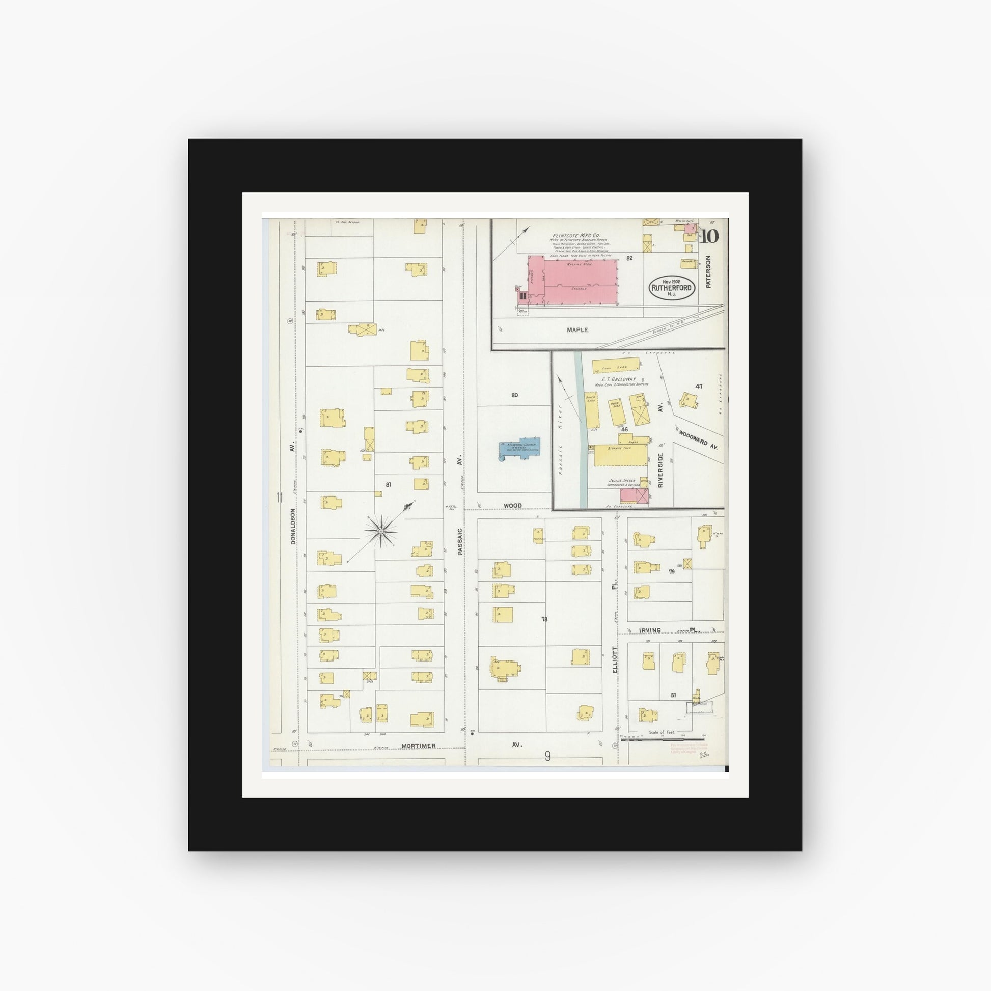 Old map wall art mockup — black gallery frame with white mat — Sanborn Fire Insurance Map from Rutherford, Bergen County, New Jersey (1902), Sheet #0010