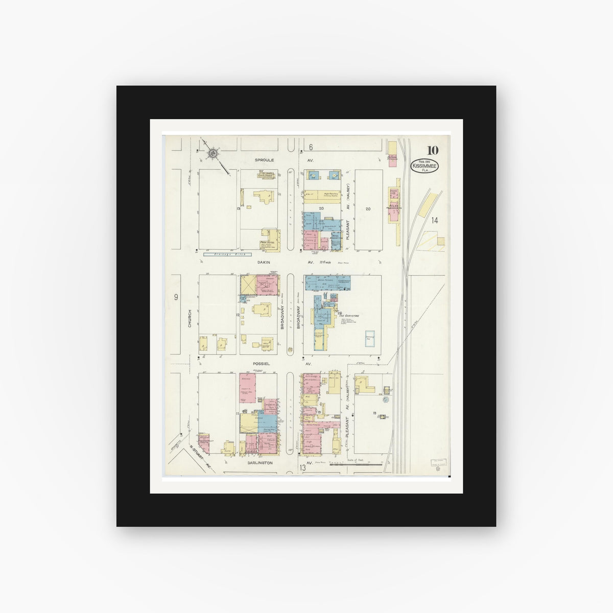 Old map wall art mockup — black gallery frame with white mat — Sanborn Fire Insurance Map from Kissimmee, Osceola County, Florida (1914), Sheet #0010