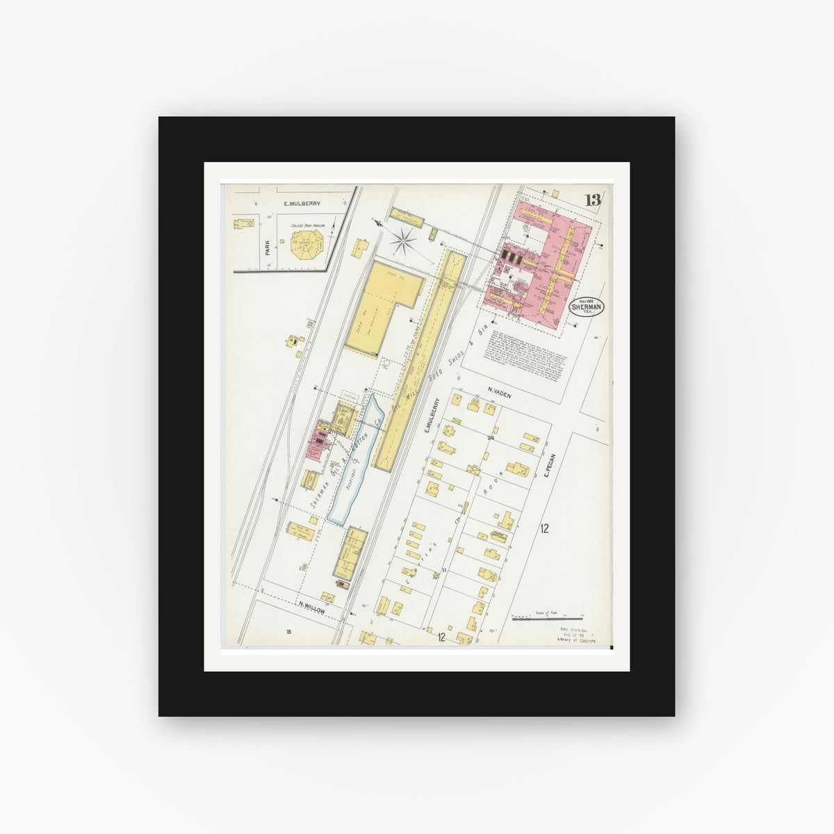 Old map wall art mockup — black gallery frame with white mat — Sanborn Fire Insurance Map from Sherman, Grayson County, Texas (1902), Sheet #0013