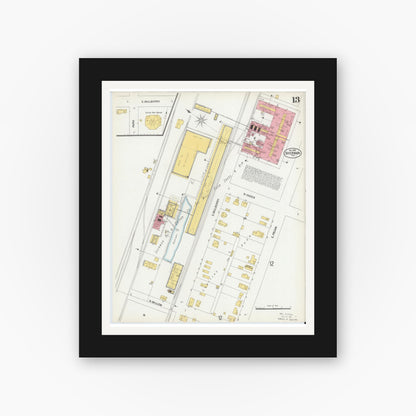 Old map wall art mockup — black gallery frame with white mat — Sanborn Fire Insurance Map from Sherman, Grayson County, Texas (1902), Sheet #0013