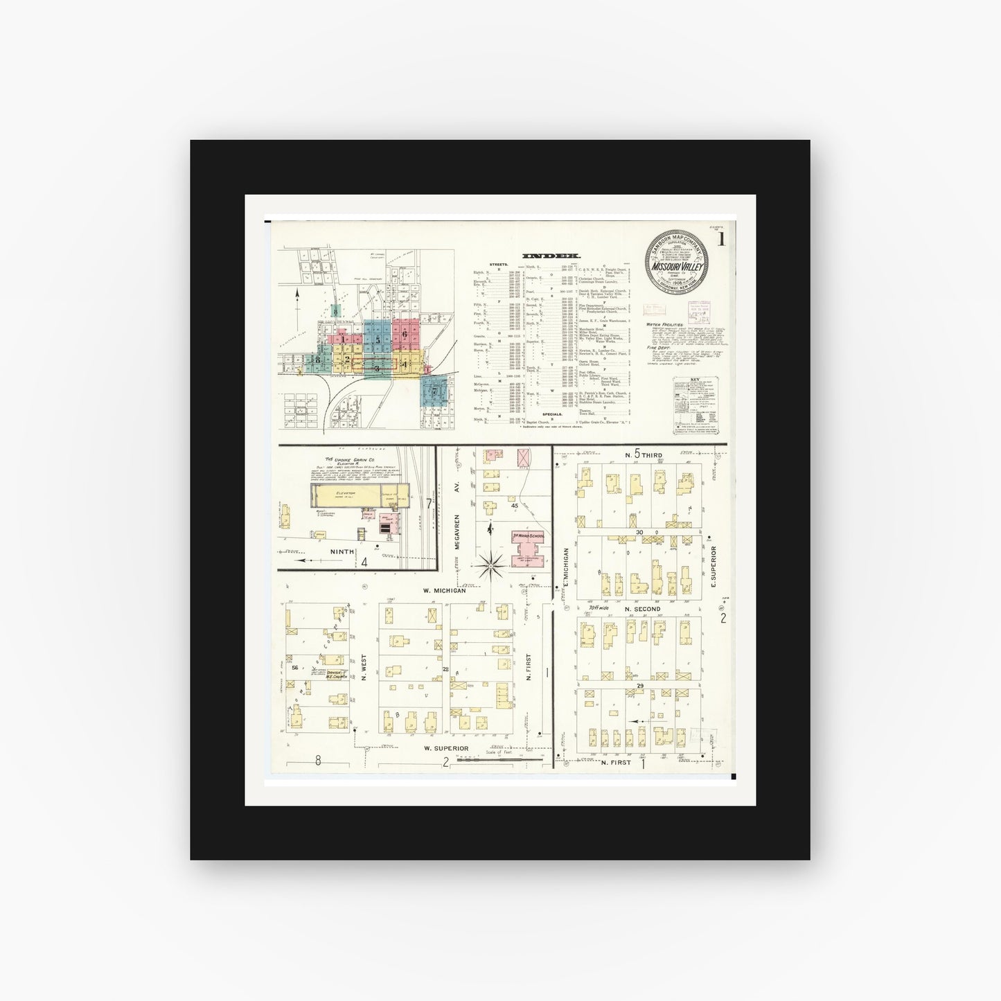 Old map wall art mockup — black gallery frame with white mat — Sanborn Fire Insurance Map from Missouri Valley, Harrison County, Iowa (1908) - Complete Map Set