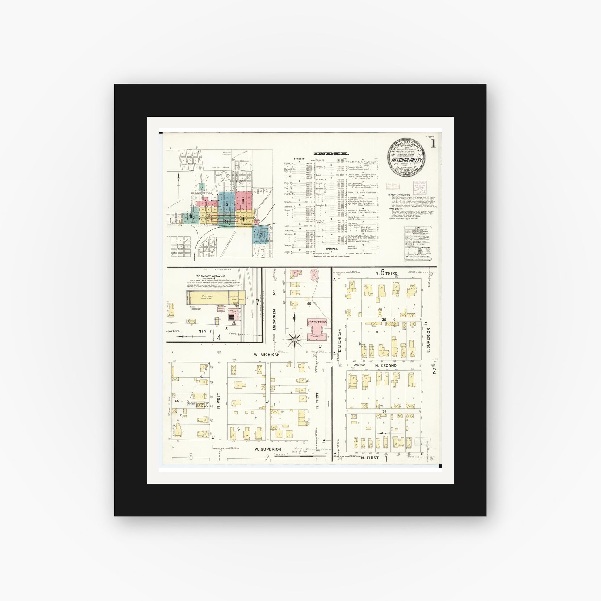 Old map wall art mockup — black gallery frame with white mat — Sanborn Fire Insurance Map from Missouri Valley, Harrison County, Iowa (1908) - Complete Map Set