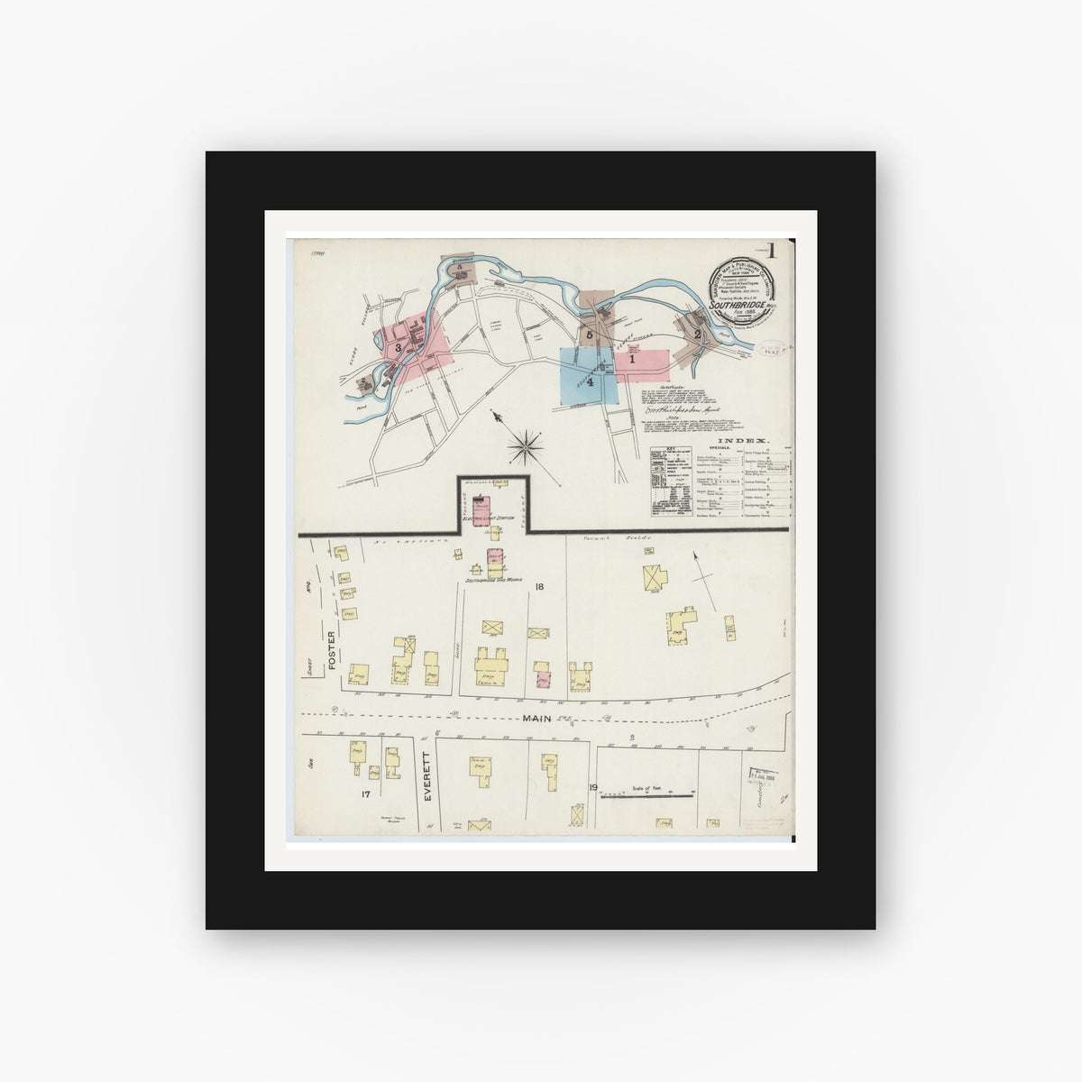 Old map wall art mockup — black gallery frame with white mat — Sanborn Fire Insurance Map from Southbridge, Worcester County, Massachusetts (1888), Sheet #0001