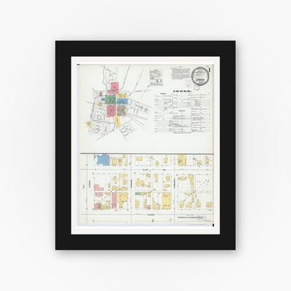 Old map wall art mockup — black gallery frame with white mat — Sanborn Fire Insurance Map from London, Madison County, Ohio (1901), Sheet #0001