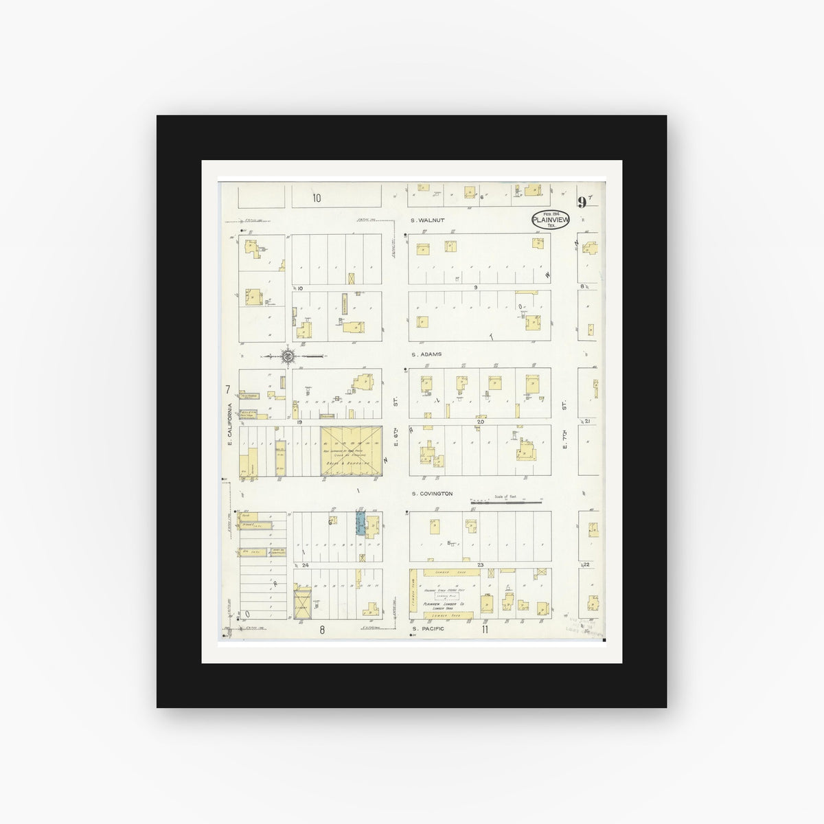Old map wall art mockup — black gallery frame with white mat — Sanborn Fire Insurance Map from Plainview, Hale County, Texas (1914), Sheet #0009