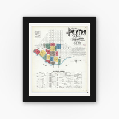 Old map wall art mockup — black gallery frame with white mat — Sanborn Fire Insurance Map from Palatka, Putnam County, Florida (1909) - Complete Map Set