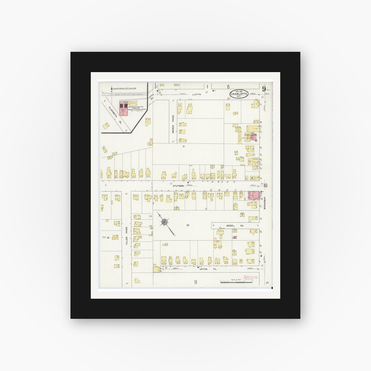 Old map wall art mockup — black gallery frame with white mat — Sanborn Fire Insurance Map from Charlotte, Monroe County, New York (1912), Sheet #0009
