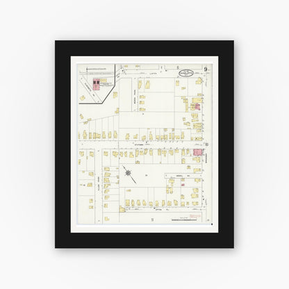 Old map wall art mockup — black gallery frame with white mat — Sanborn Fire Insurance Map from Charlotte, Monroe County, New York (1912), Sheet #0009