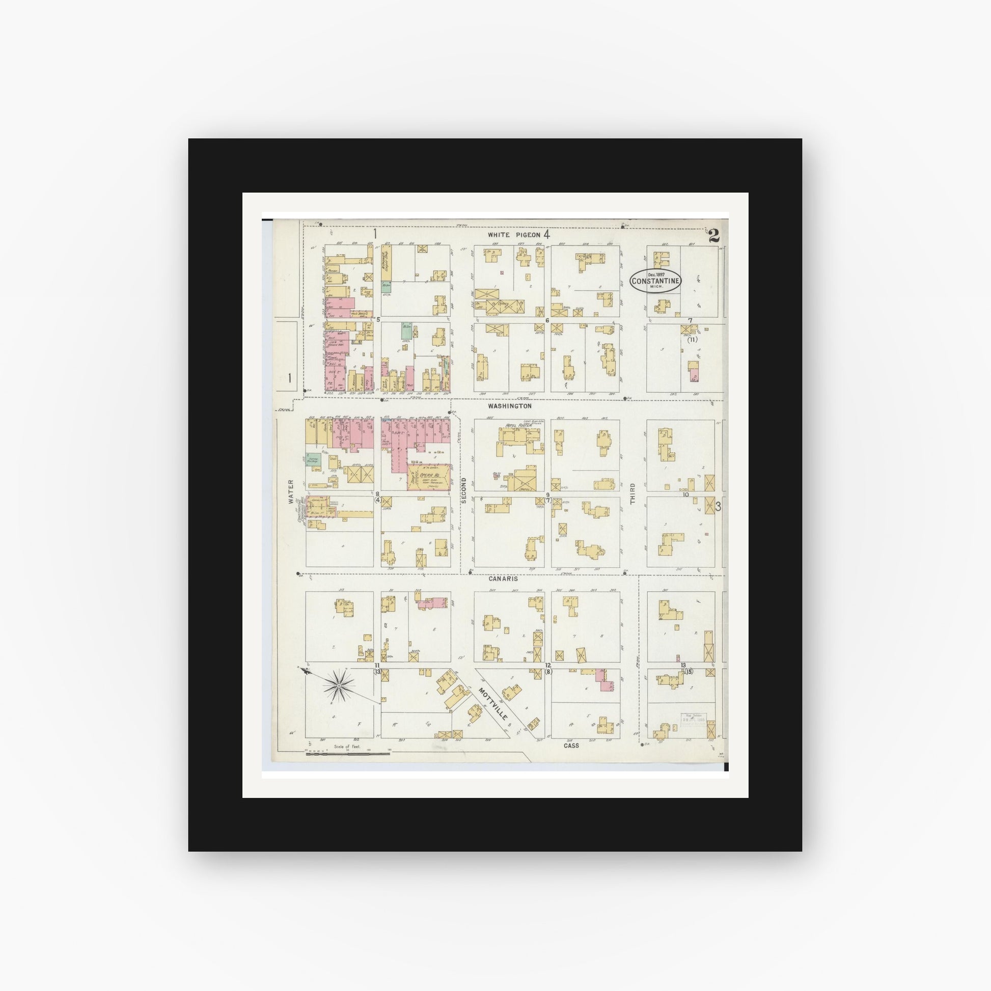 Old map wall art mockup — black gallery frame with white mat — Sanborn Fire Insurance Map from Constantine, Saint Joseph County, Michigan (1897), Sheet #0002