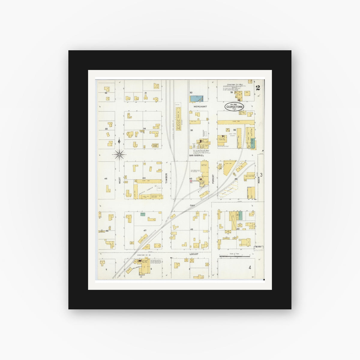 Old map wall art mockup — black gallery frame with white mat — Sanborn Fire Insurance Map from Georgetown, Williamson County, Texas (1905), Sheet #0002