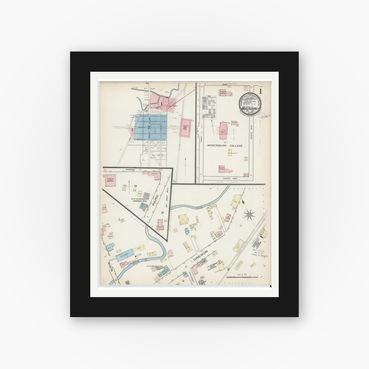 Old map wall art mockup — black gallery frame with white mat — Sanborn Fire Insurance Map from Mercersburg, Franklin County, Pennsylvania (1885) - Complete Map Set