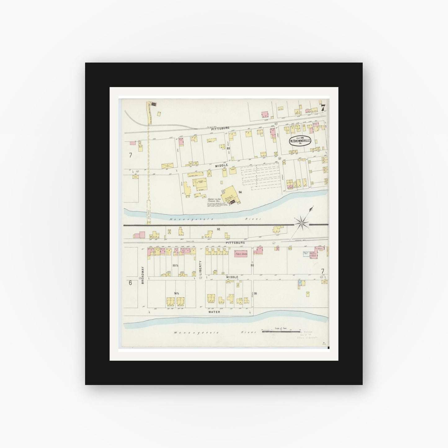 Old map wall art mockup — black gallery frame with white mat — Sanborn Fire Insurance Map from Brownsville, Fayette County, Pennsylvania (1896), Sheet #0007