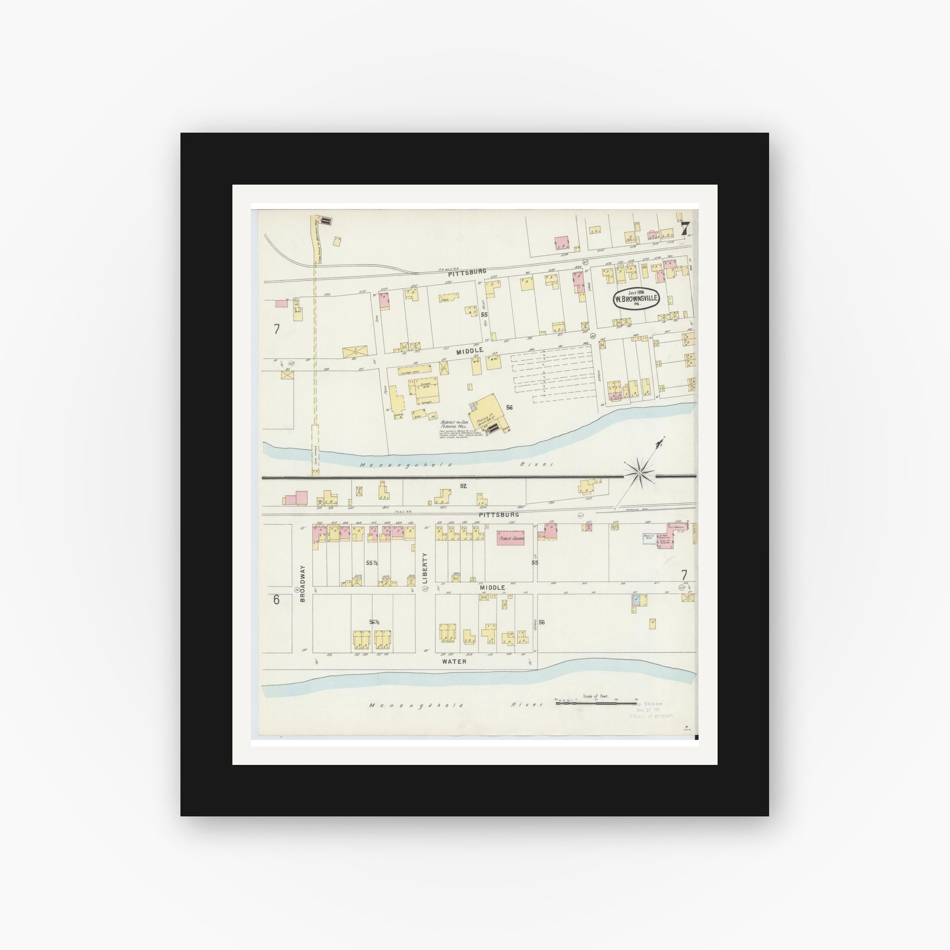 Old map wall art mockup — black gallery frame with white mat — Sanborn Fire Insurance Map from Brownsville, Fayette County, Pennsylvania (1896), Sheet #0007