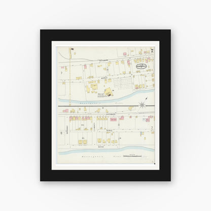 Old map wall art mockup — black gallery frame with white mat — Sanborn Fire Insurance Map from Brownsville, Fayette County, Pennsylvania (1896), Sheet #0007