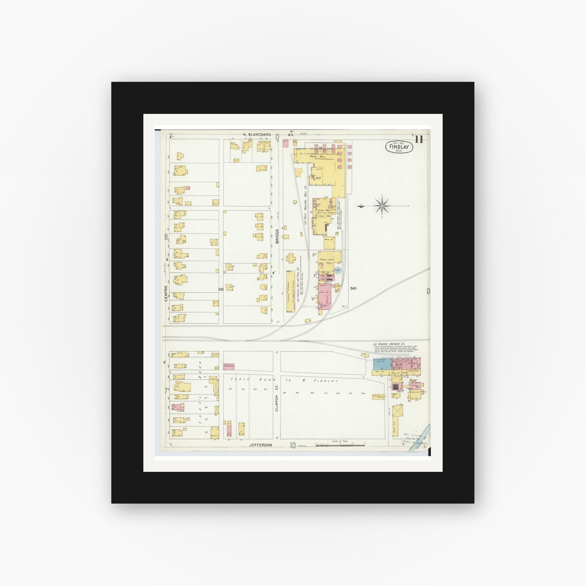 Old map wall art mockup — black gallery frame with white mat — Sanborn Fire Insurance Map from Findlay, Hancock County, Ohio (1901), Sheet #0011
