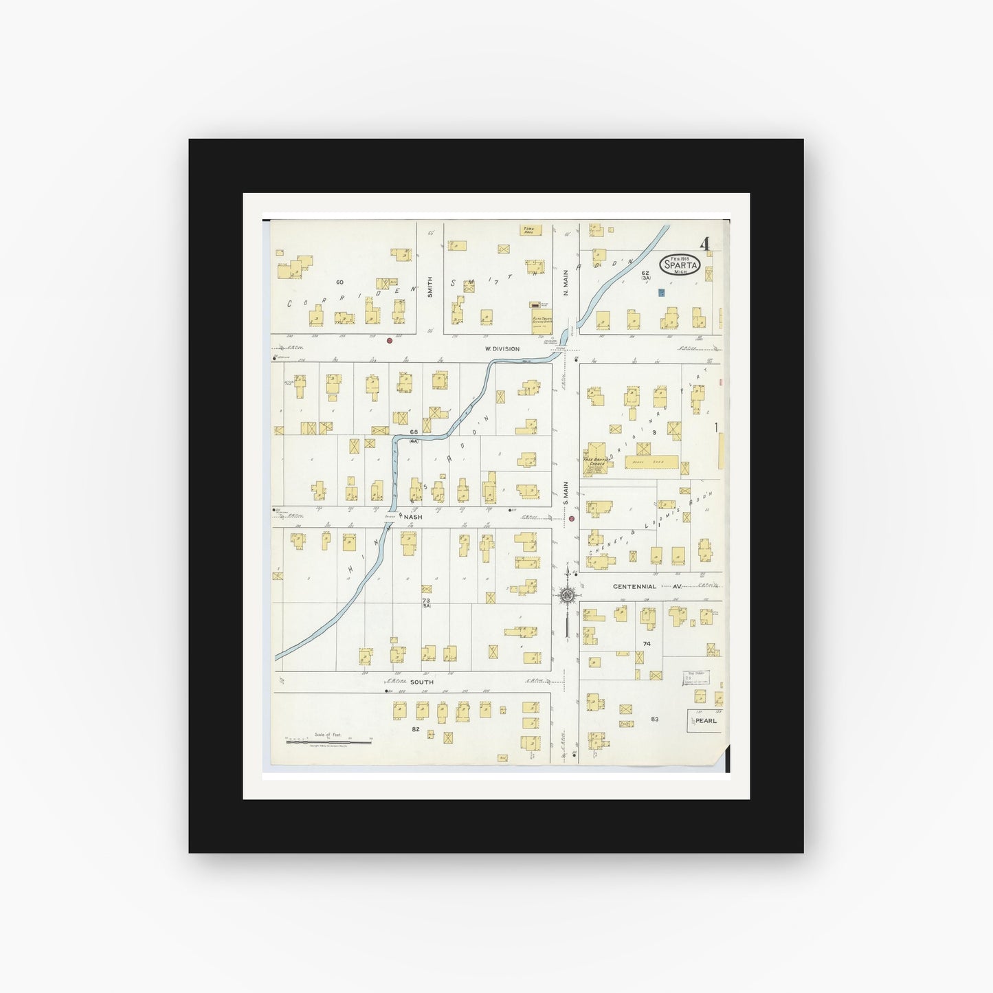 Old map wall art mockup — black gallery frame with white mat — Sanborn Fire Insurance Map from Sparta, Kent County, Michigan (1918), Sheet #0004