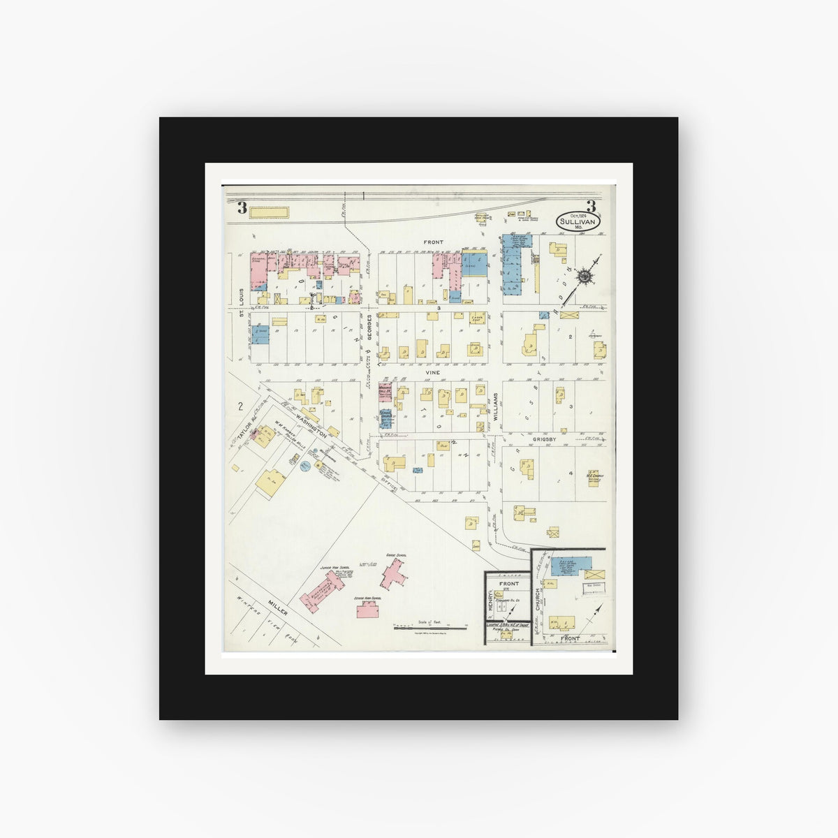 Old map wall art mockup — black gallery frame with white mat — Sanborn Fire Insurance Map from Sullivan, Franklin County, Missouri (1924), Sheet #0003