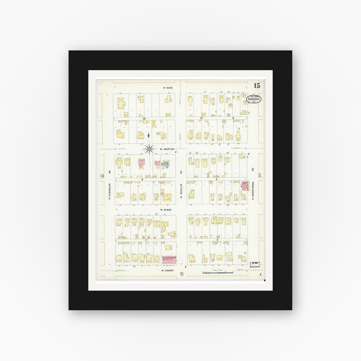 Old map wall art mockup — black gallery frame with white mat — Sanborn Fire Insurance Map from Denison, Grayson County, Texas (1908), Sheet #0015