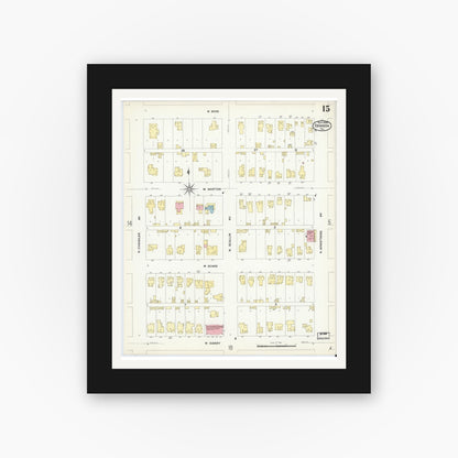 Old map wall art mockup — black gallery frame with white mat — Sanborn Fire Insurance Map from Denison, Grayson County, Texas (1908), Sheet #0015