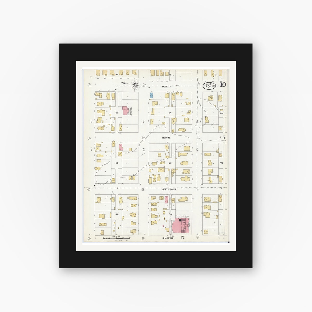 Old map wall art mockup — black gallery frame with white mat — Sanborn Fire Insurance Map from La Salle, La Salle County, Illinois (1906), Sheet #0010