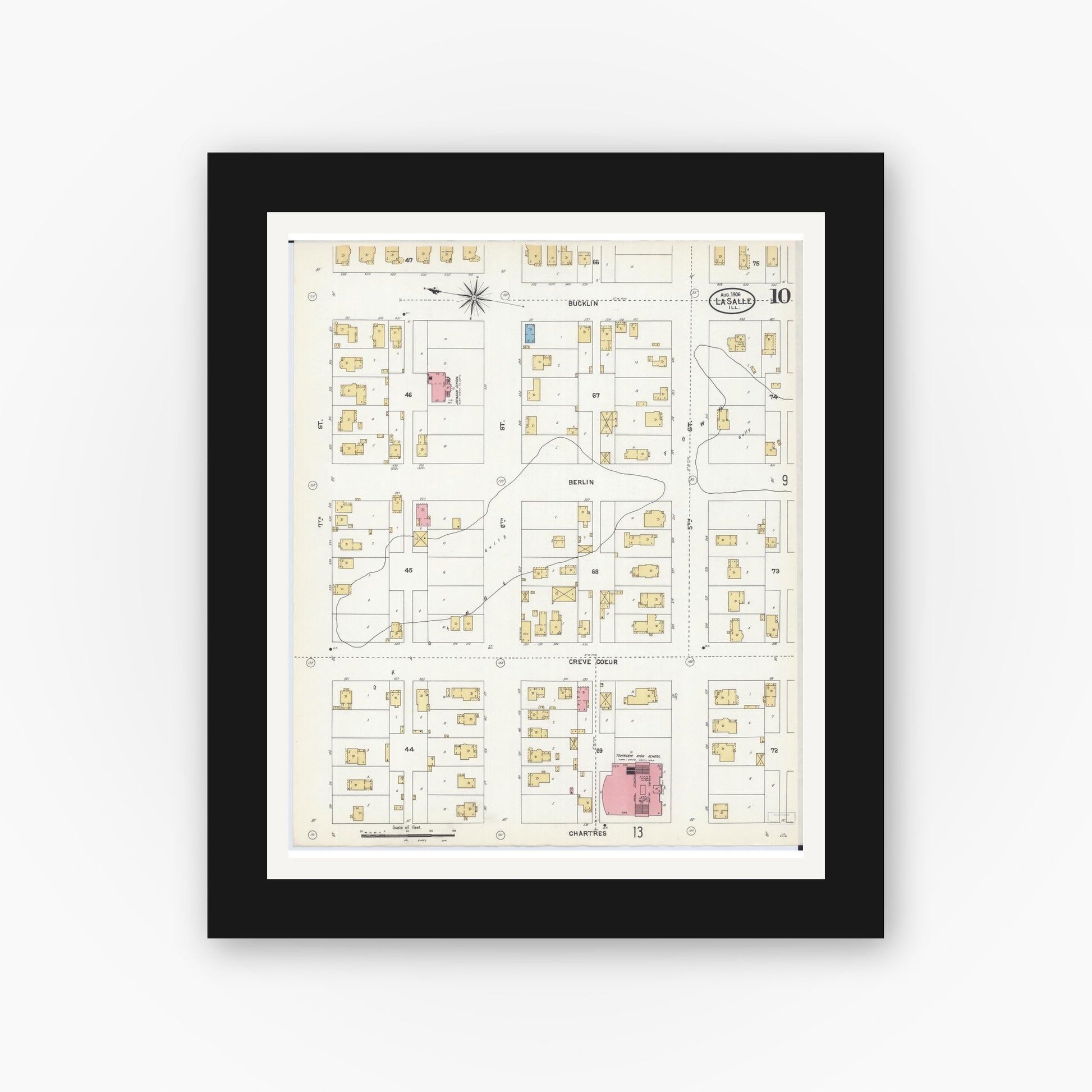 Old map wall art mockup — black gallery frame with white mat — Sanborn Fire Insurance Map from La Salle, La Salle County, Illinois (1906), Sheet #0010
