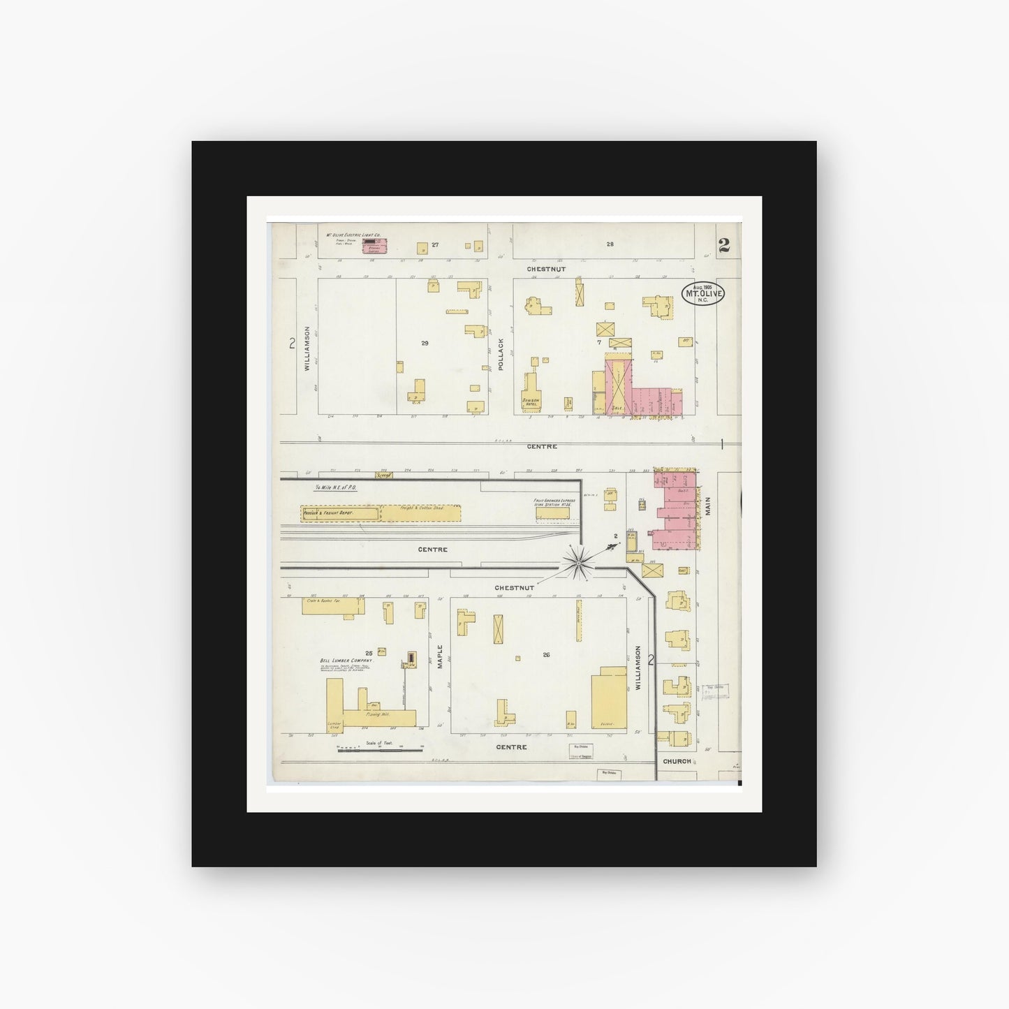Old map wall art mockup — black gallery frame with white mat — Sanborn Fire Insurance Map from Mount Olive, Wayne County, North Carolina (1905), Sheet #0002