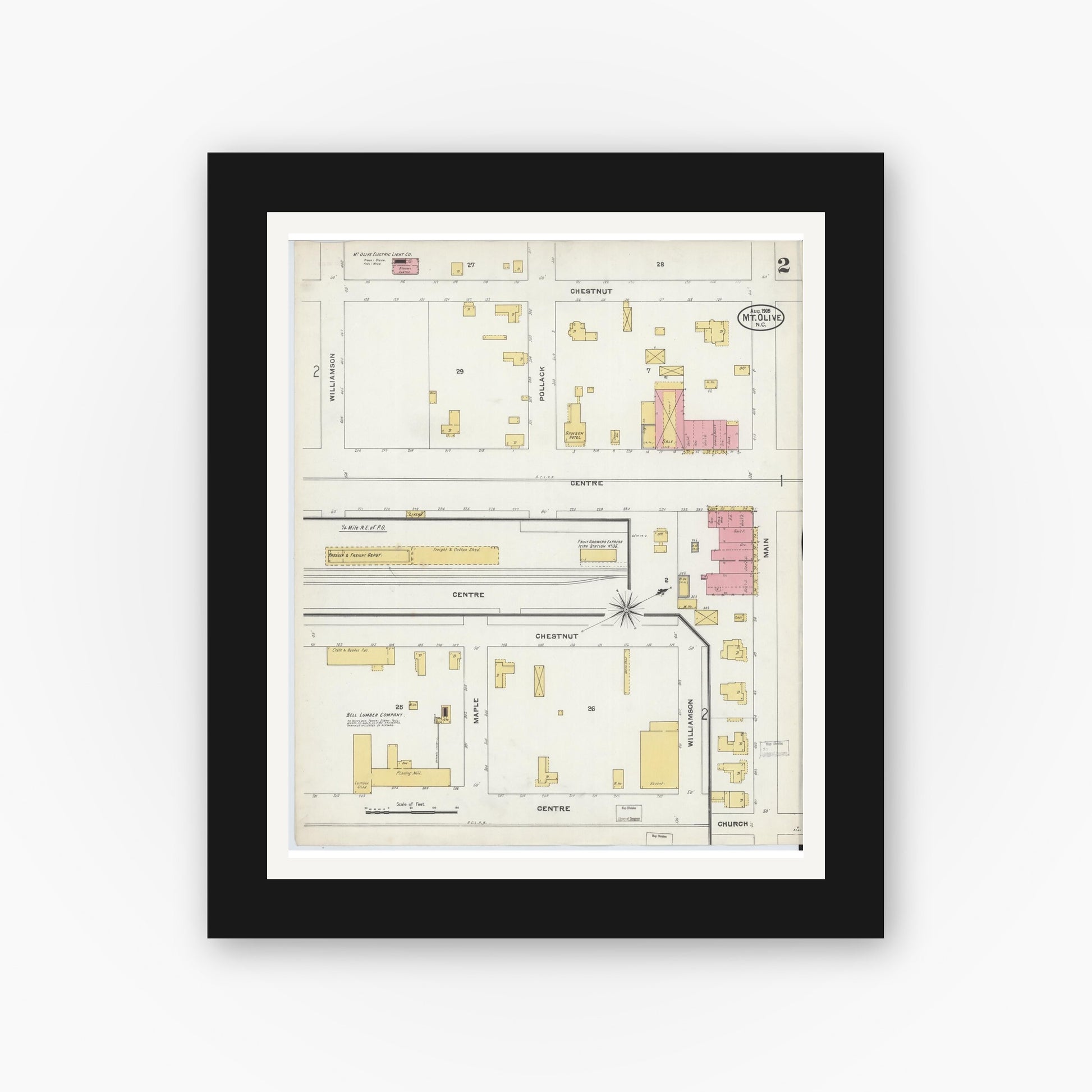 Old map wall art mockup — black gallery frame with white mat — Sanborn Fire Insurance Map from Mount Olive, Wayne County, North Carolina (1905), Sheet #0002
