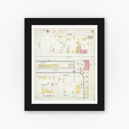 Old map wall art mockup — black gallery frame with white mat — Sanborn Fire Insurance Map from Mount Olive, Wayne County, North Carolina (1905), Sheet #0002