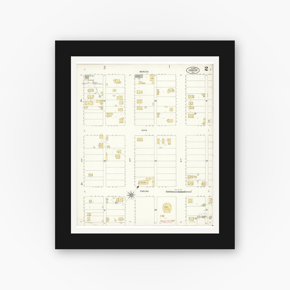 Old map wall art mockup — black gallery frame with white mat — Sanborn Fire Insurance Map from Fowler, Fresno County, California (1907), Sheet #0002