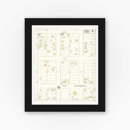 Old map wall art mockup — black gallery frame with white mat — Sanborn Fire Insurance Map from Fowler, Fresno County, California (1907), Sheet #0002