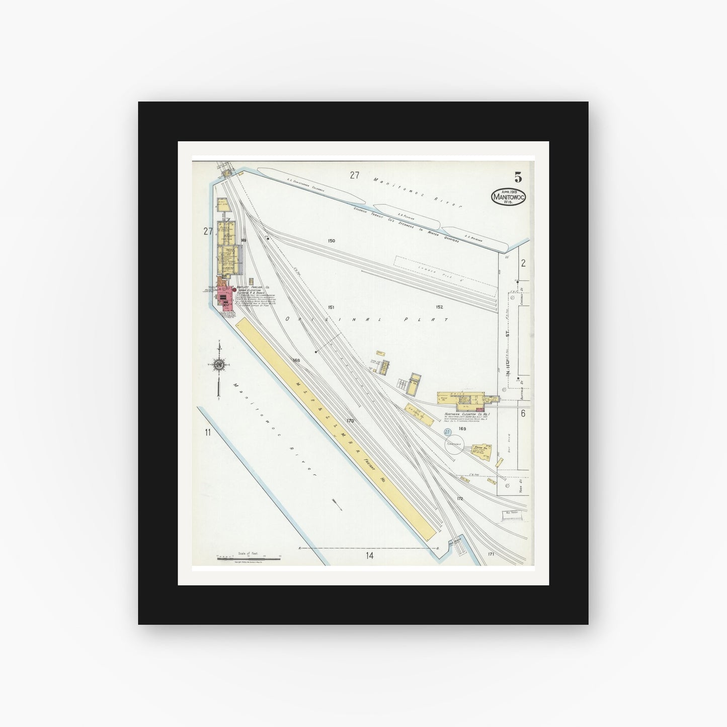 Old map wall art mockup — black gallery frame with white mat — Sanborn Fire Insurance Map from Manitowoc, Manitowoc County, Wisconsin (1919), Sheet #0005