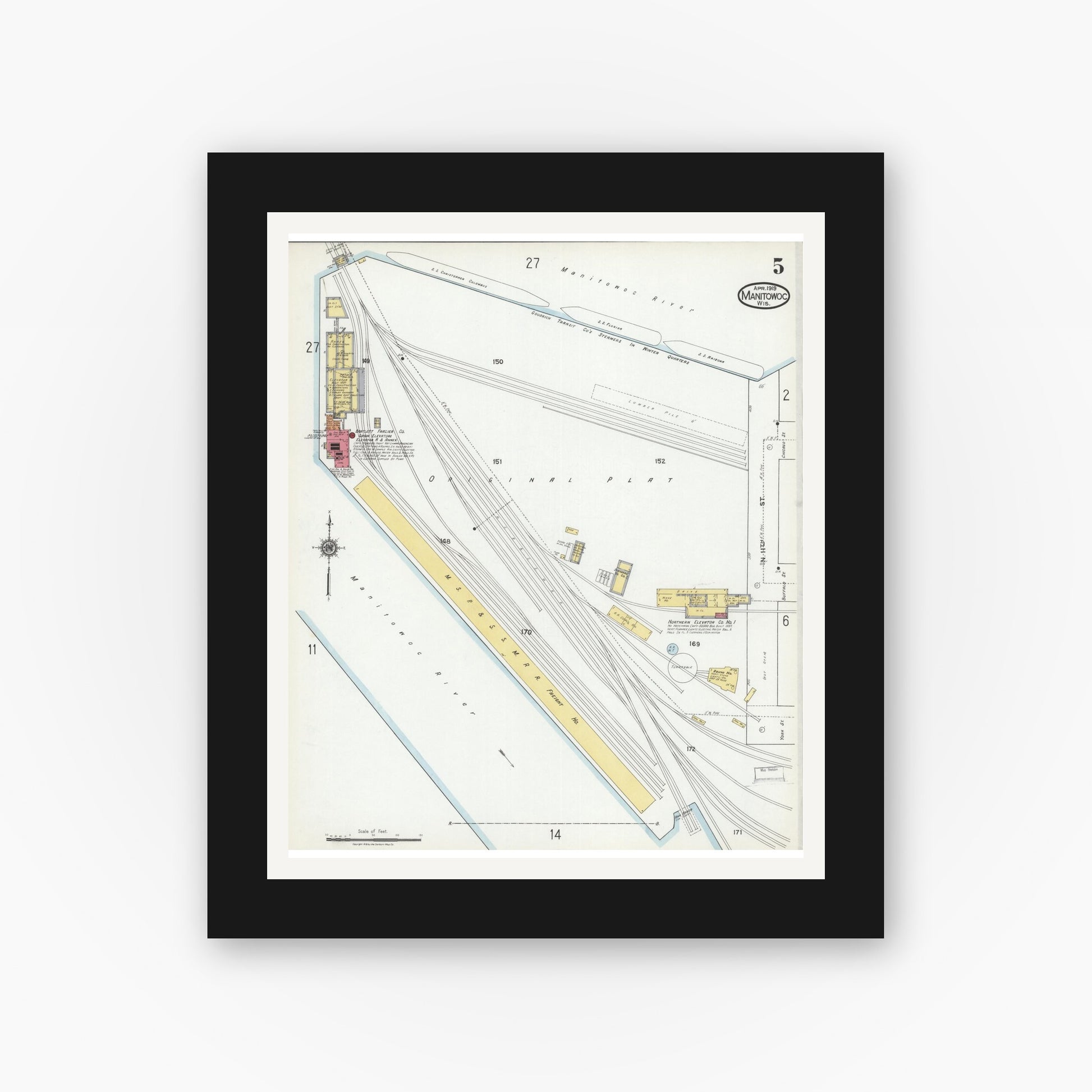 Old map wall art mockup — black gallery frame with white mat — Sanborn Fire Insurance Map from Manitowoc, Manitowoc County, Wisconsin (1919), Sheet #0005