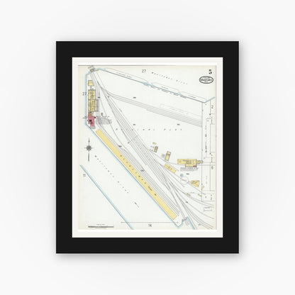 Old map wall art mockup — black gallery frame with white mat — Sanborn Fire Insurance Map from Manitowoc, Manitowoc County, Wisconsin (1919), Sheet #0005