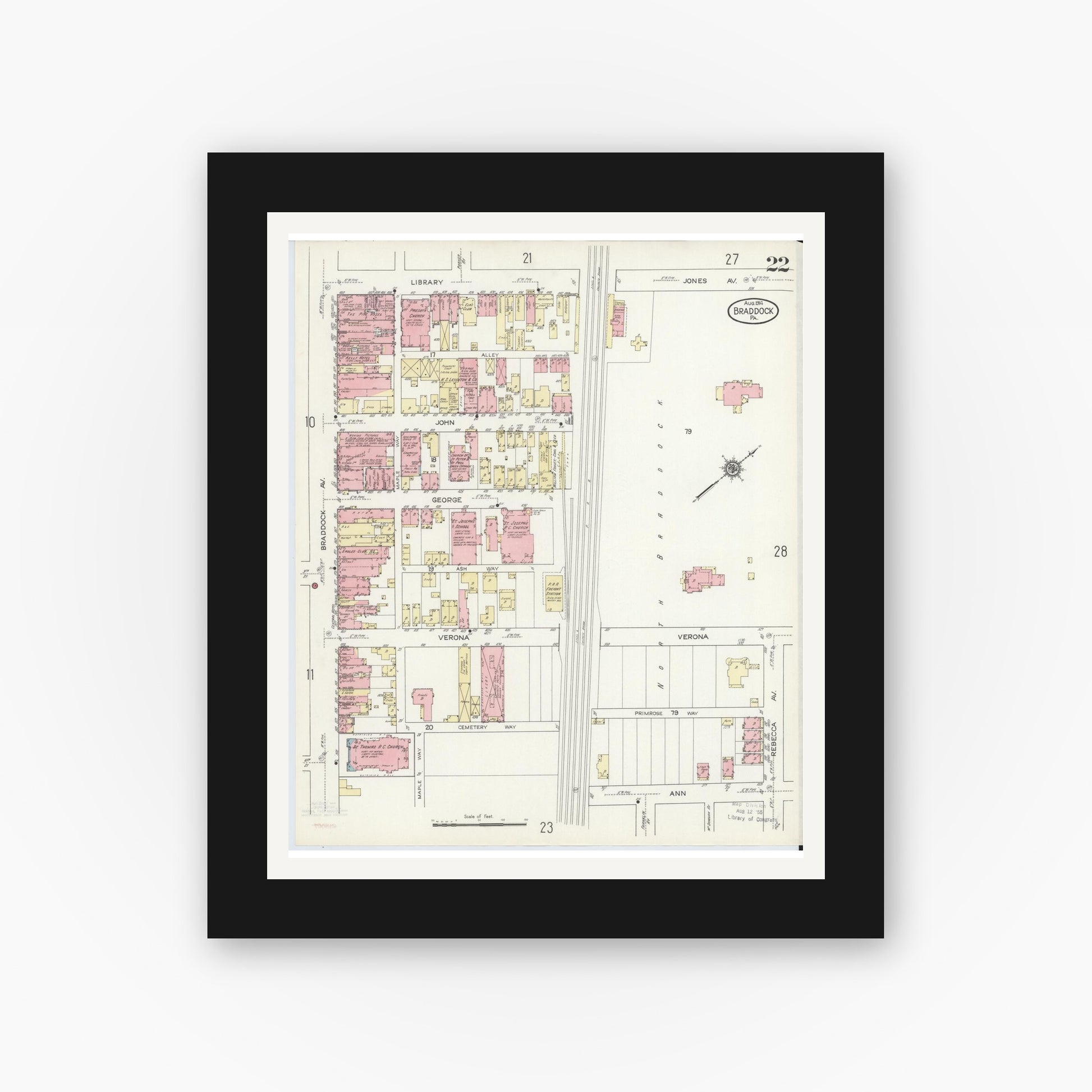 Old map wall art mockup — black gallery frame with white mat — Sanborn Fire Insurance Map from Braddock, Allegheny County, Pennsylvania (1914), Sheet #0022
