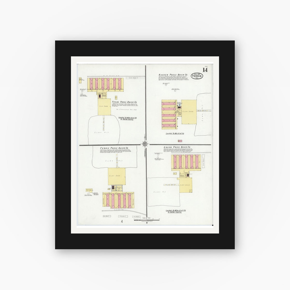 Old map wall art mockup — black gallery frame with white mat — Sanborn Fire Insurance Map from Ferris, Ellis County, Texas (1921), Sheet #0014