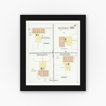 Old map wall art mockup — black gallery frame with white mat — Sanborn Fire Insurance Map from Ferris, Ellis County, Texas (1921), Sheet #0014