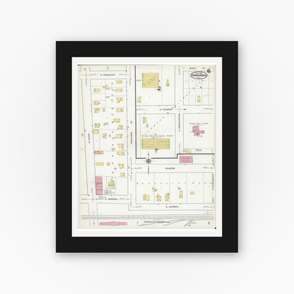 Old map wall art mockup — black gallery frame with white mat — Sanborn Fire Insurance Map from Downers Grove, Dupage County, Illinois (1921), Sheet #0006