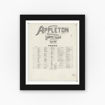 Old map wall art mockup — black gallery frame with white mat — Sanborn Fire Insurance Map from Appleton, Outagamie County, Wisconsin (1895), Sheet #0001