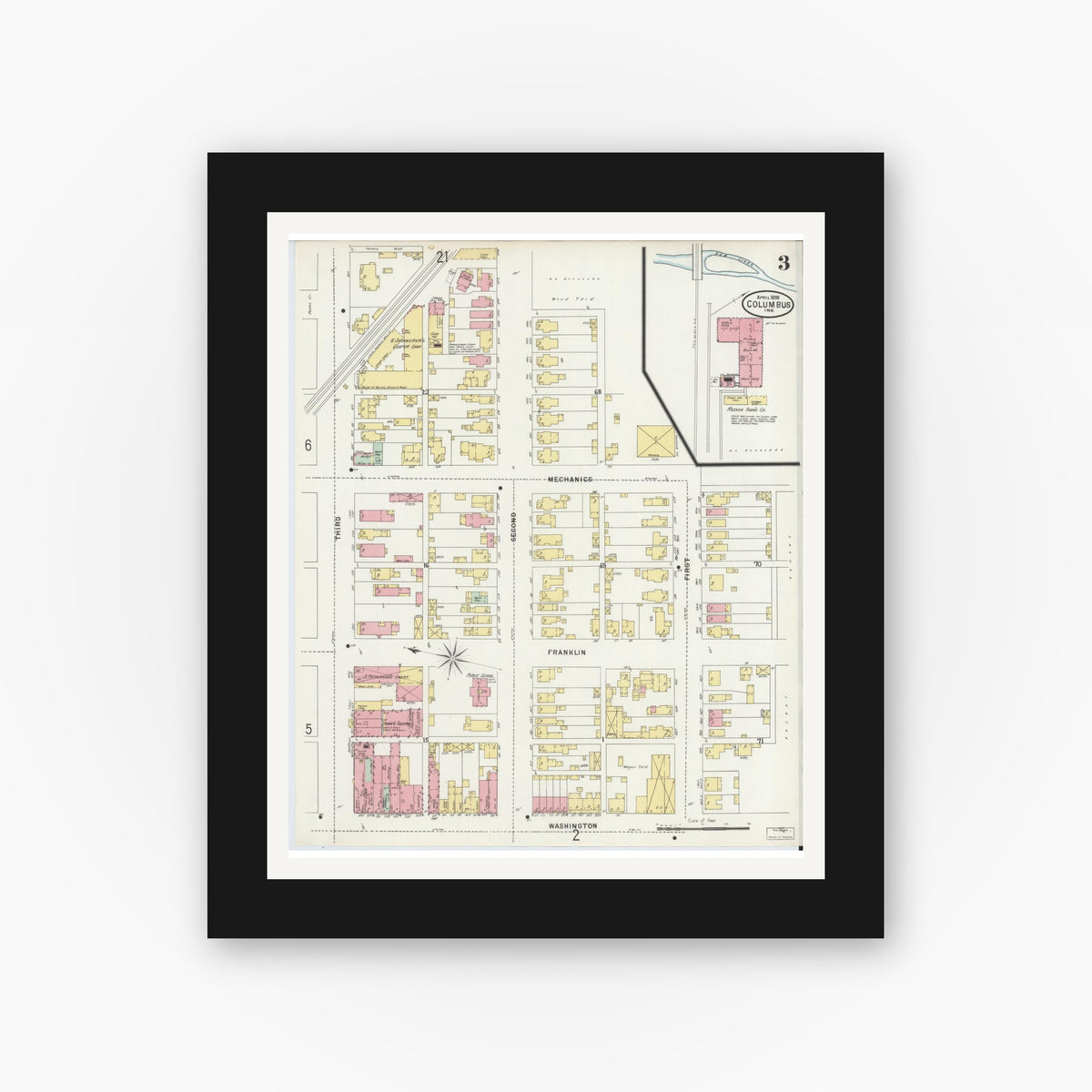 Old map wall art mockup — black gallery frame with white mat — Sanborn Fire Insurance Map from Columbus, Bartholomew County, Indiana (1898), Sheet #0003