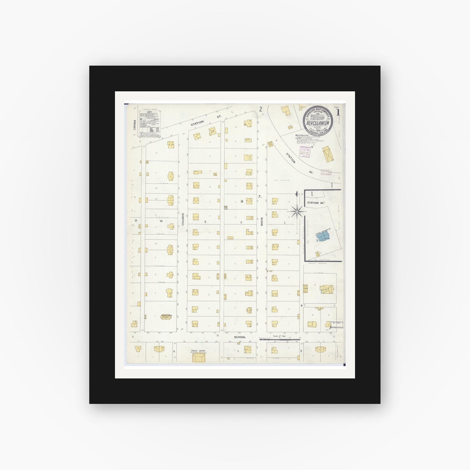 Old map wall art mockup — black gallery frame with white mat — Sanborn Fire Insurance Map from Herculaneum, Jefferson County, Missouri (1908) - Complete Map Set