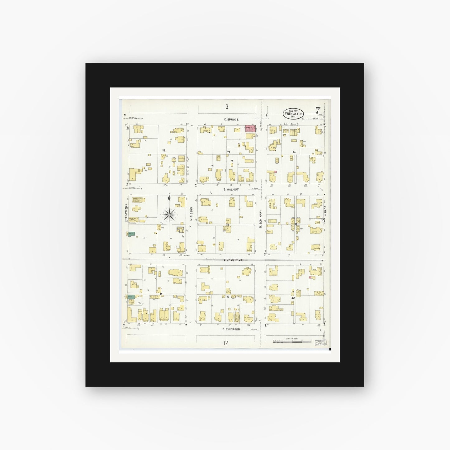 Old map wall art mockup — black gallery frame with white mat — Sanborn Fire Insurance Map from Princeton, Gibson County, Indiana (1907), Sheet #0007