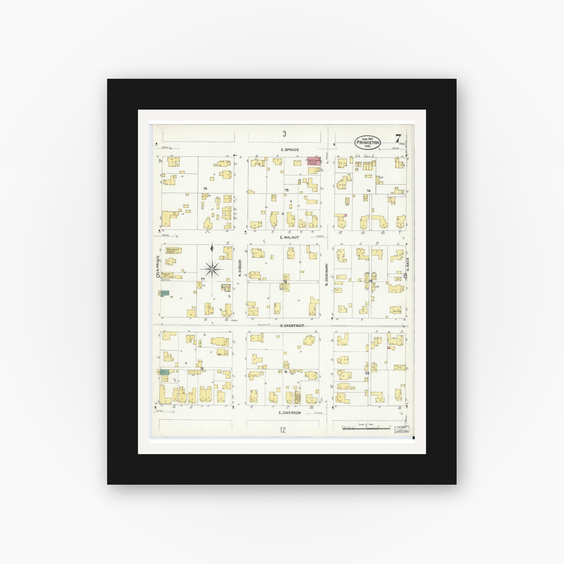 Old map wall art mockup — black gallery frame with white mat — Sanborn Fire Insurance Map from Princeton, Gibson County, Indiana (1907), Sheet #0007