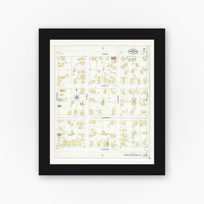 Old map wall art mockup — black gallery frame with white mat — Sanborn Fire Insurance Map from Princeton, Gibson County, Indiana (1907), Sheet #0007