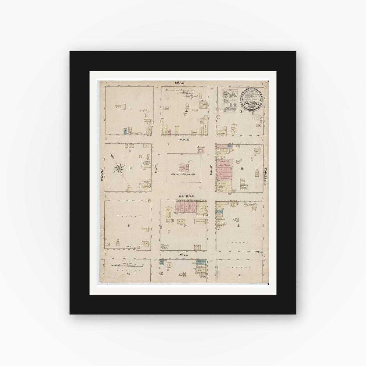 Old map wall art mockup — black gallery frame with white mat — Sanborn Fire Insurance Map from Caldwell, Burleson County, Texas (1885), Sheet #0001