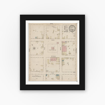 Old map wall art mockup — black gallery frame with white mat — Sanborn Fire Insurance Map from Caldwell, Burleson County, Texas (1885), Sheet #0001