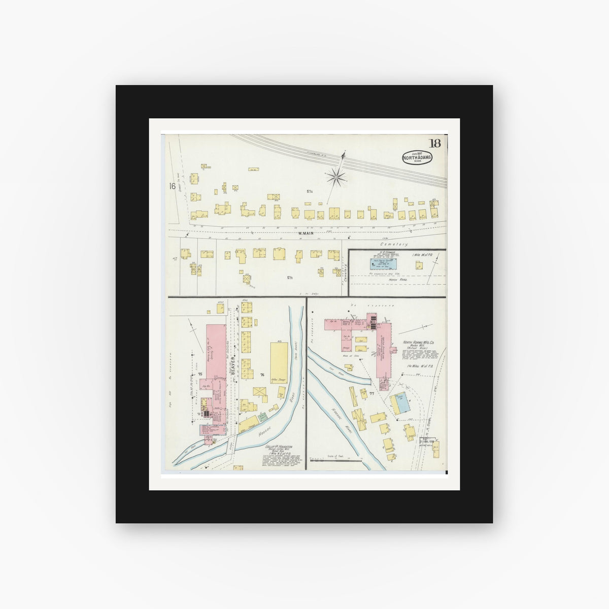 Old map wall art mockup — black gallery frame with white mat — Sanborn Fire Insurance Map from North Adams, Berkshire County, Massachusetts (1897), Sheet #0018