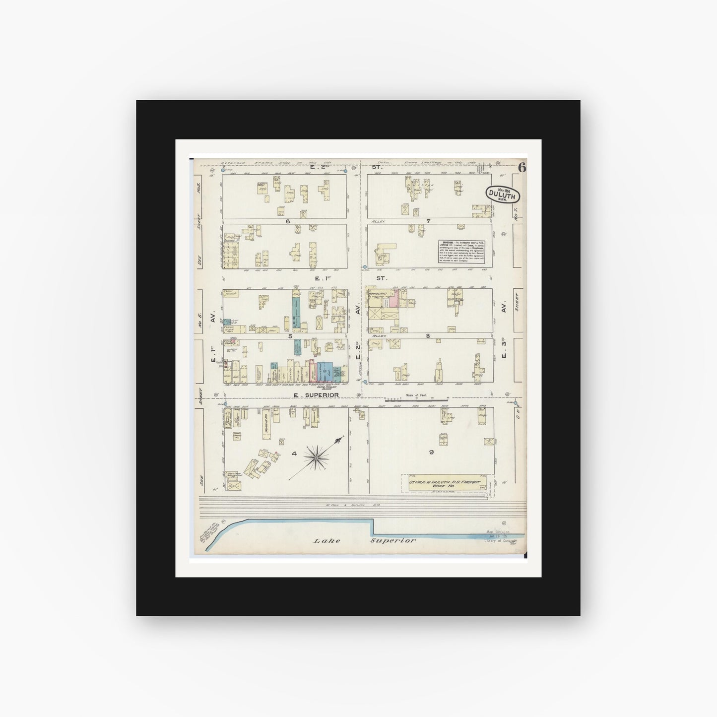 Old map wall art mockup — black gallery frame with white mat — Sanborn Fire Insurance Map from Duluth, Saint Louis County, Minnesota (1884), Sheet #0006