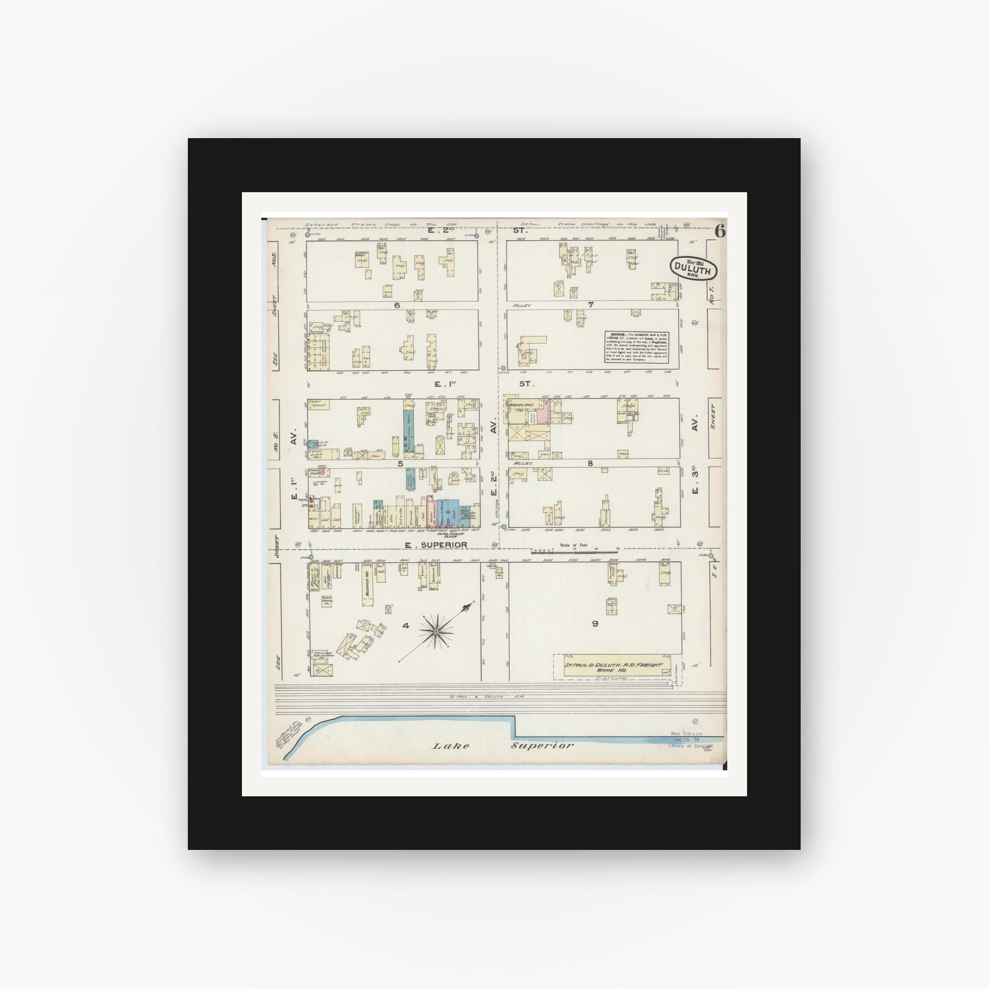 Old map wall art mockup — black gallery frame with white mat — Sanborn Fire Insurance Map from Duluth, Saint Louis County, Minnesota (1884), Sheet #0006